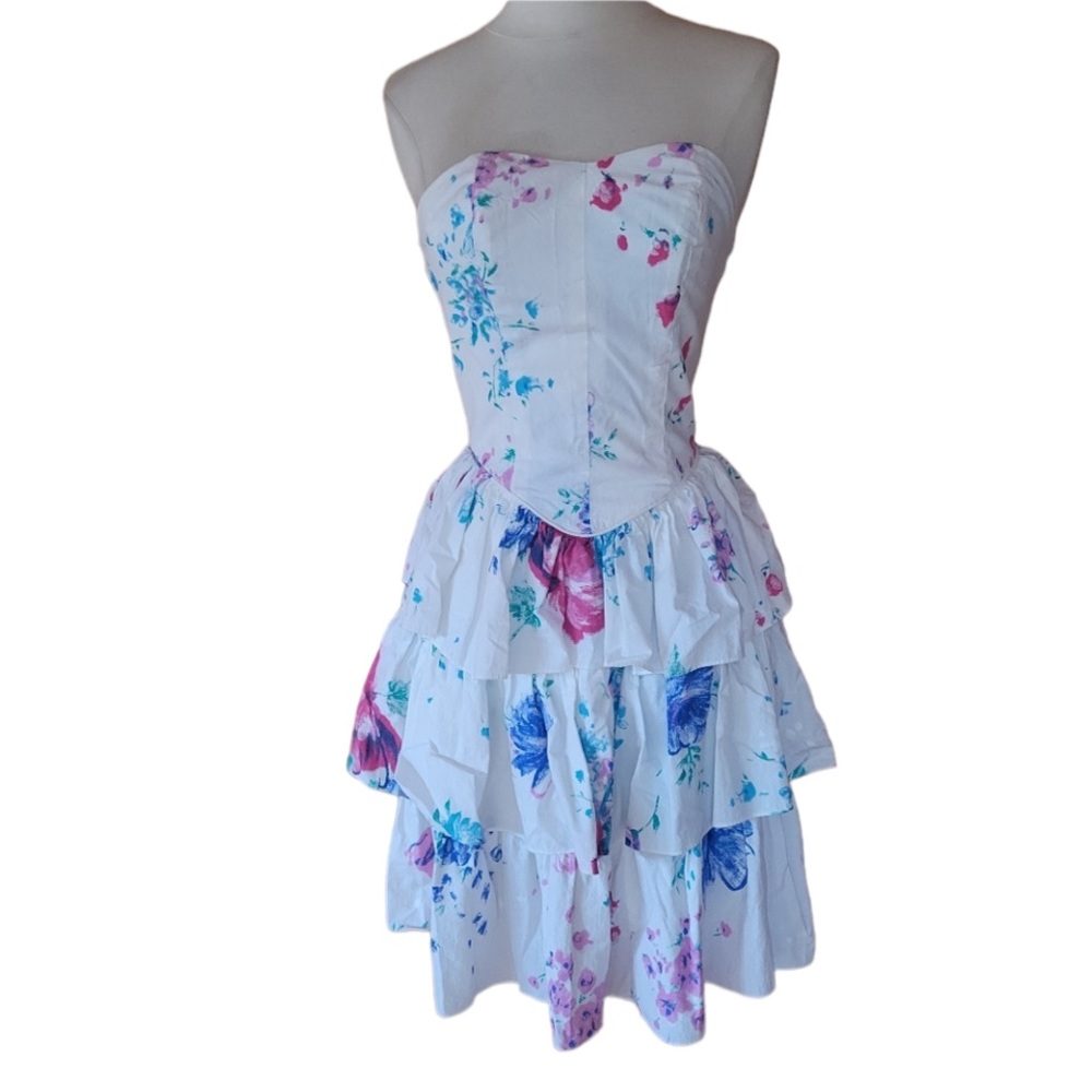 1980s Jodi Schwartz Floral, Strapless‎ Party Dress
